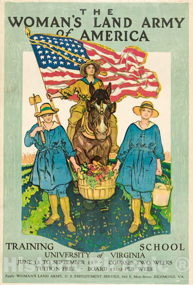 Vintage Poster -  The Woman's Land Army of America - Training School, University of Virginia - Apply Woman's Land Army -  Herbert Paus., Historic Wall Art