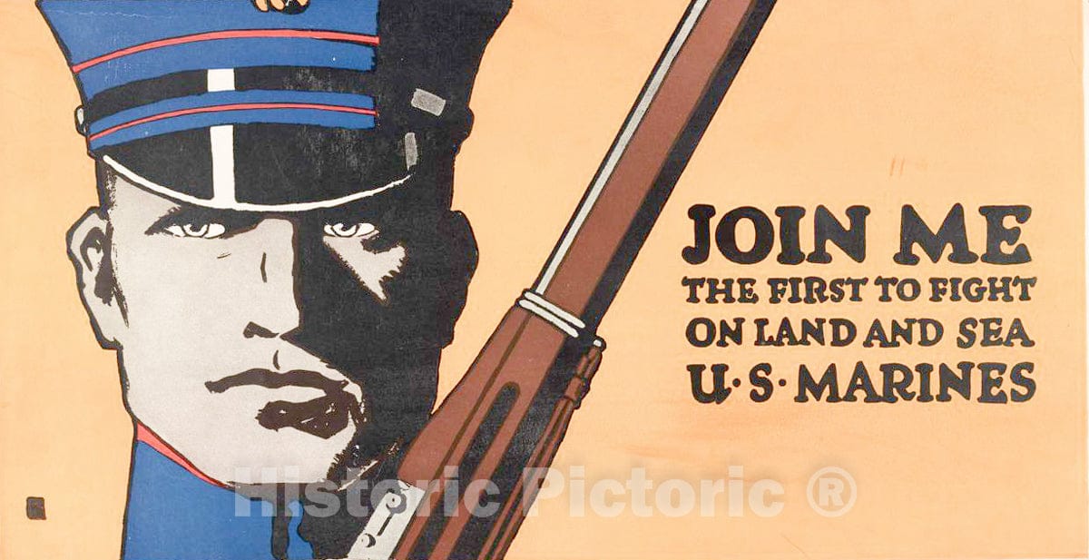 Vintage Poster -  Join me -  The First to Fight on Land and sea -  U.S. Marines, Historic Wall Art