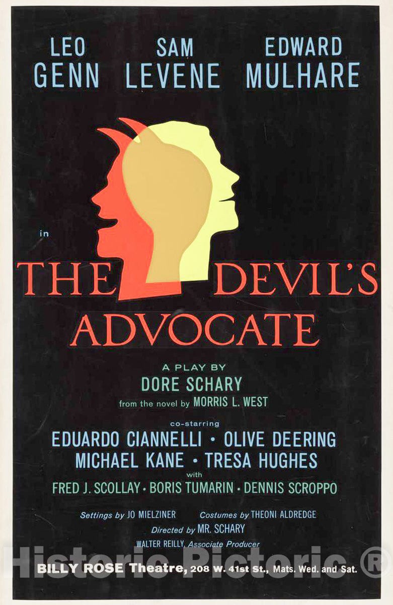 Vintage Poster -  The Devil's Advocate, a Play by Dore Schary from The Novel by Morris L. West. Billy Rose Theatre, Historic Wall Art