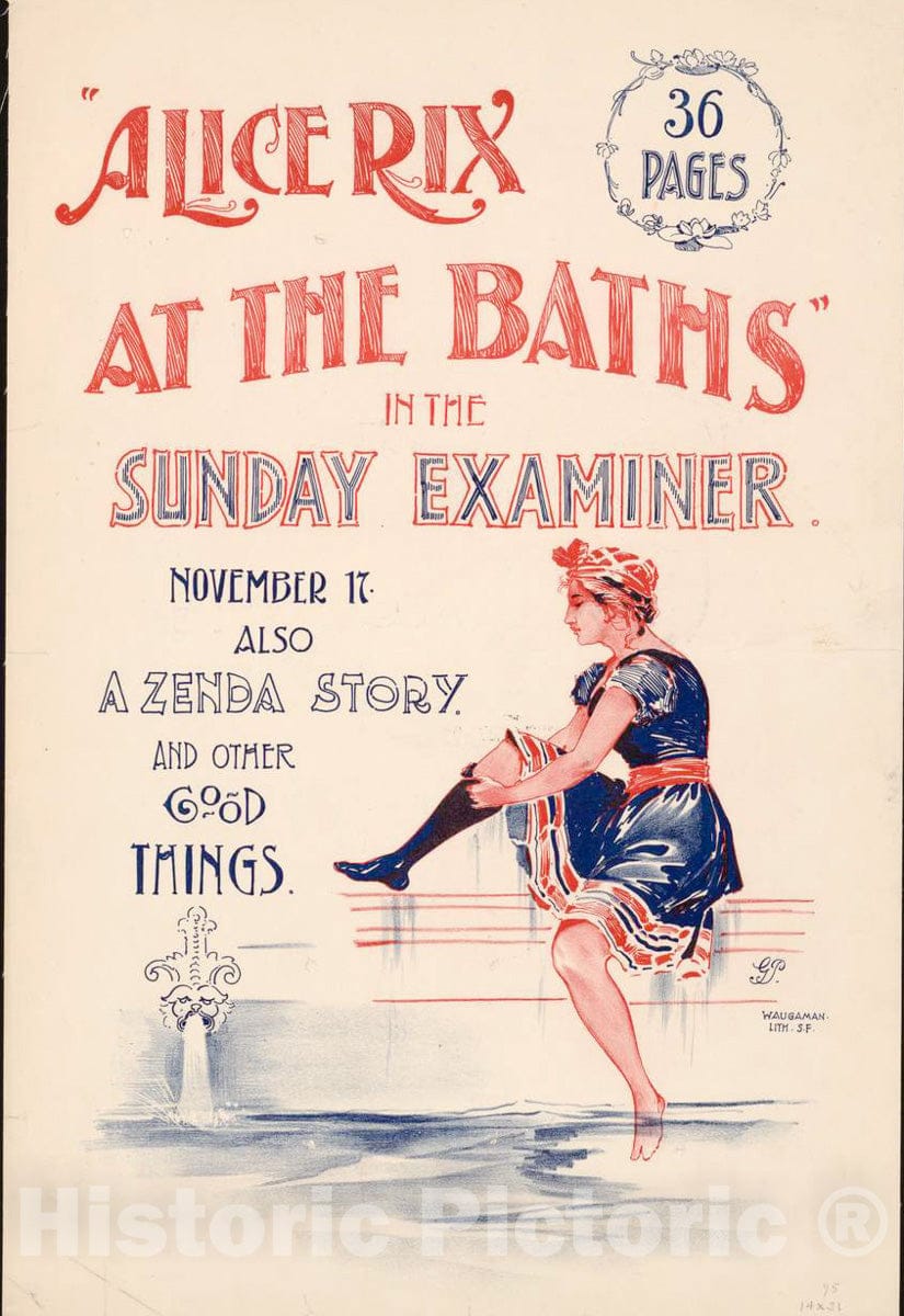 Vintage Poster - Alice Rix at The Baths, in The Sunday Examiner, November 17., Historic Wall Art