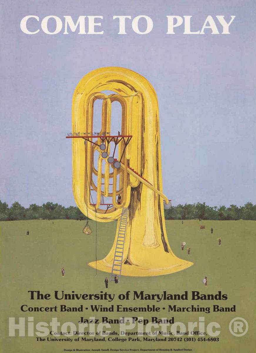 Vintage Poster - Come to Play. The University of Maryland Bands: Concert Band, Wind Ensemble, Marching Band, Jazz Band, and pep Band., Historic Wall Art