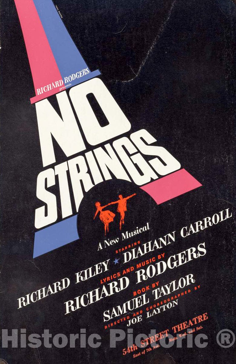 Vintage Poster -  No Strings, a New Musical Book by Samuel Taylor. 54th Street Theatre., Historic Wall Art