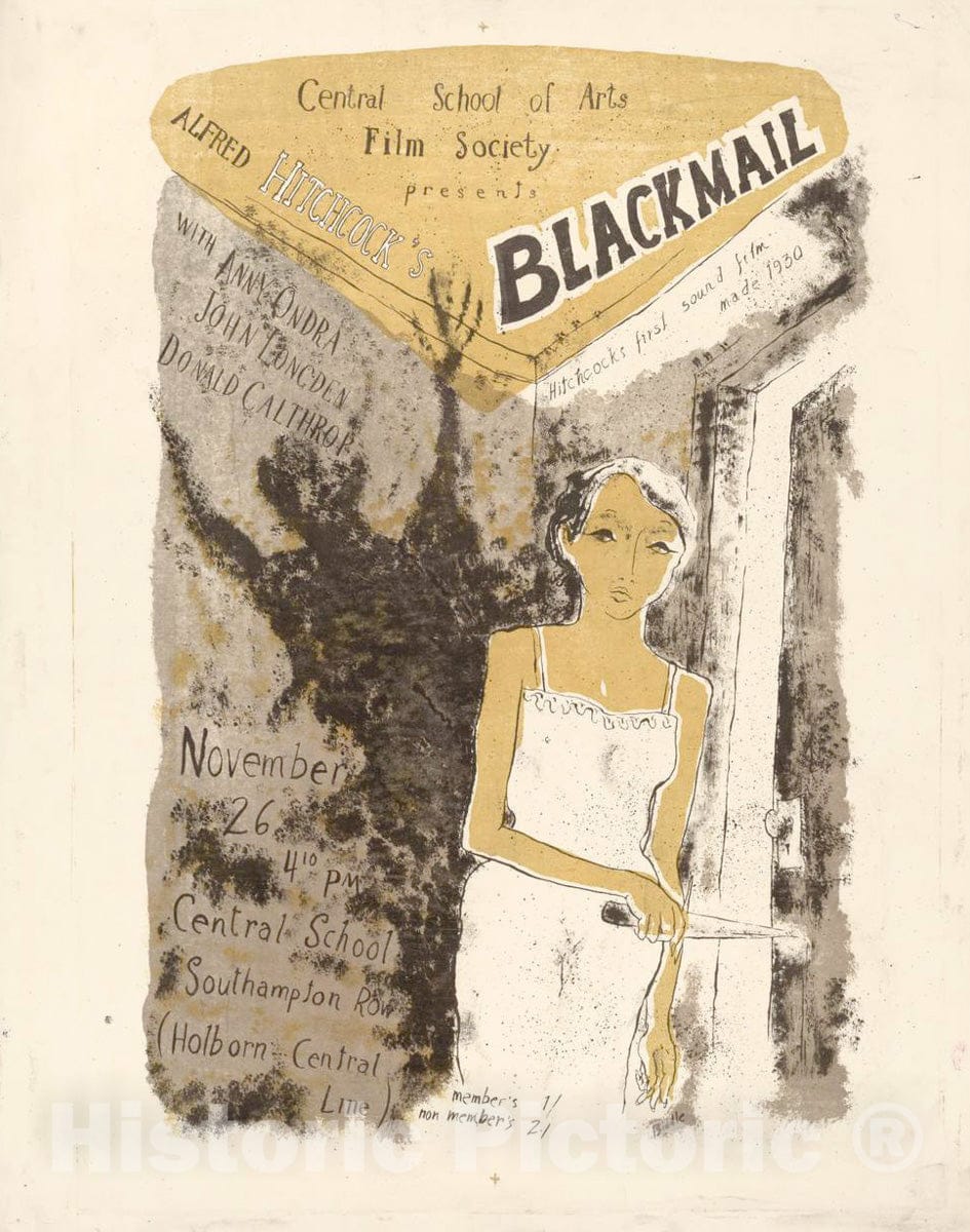 Vintage Poster -  Alfred Hitchcock's Blackmail, Central School of Arts Film Society., Historic Wall Art