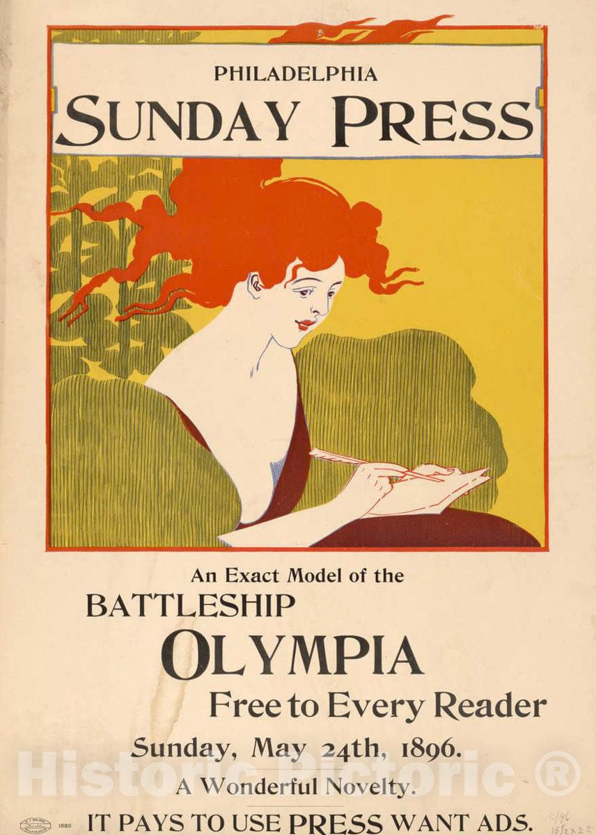 Vintage Poster -  an Exact Model of The Battleship Olympia Free to Every Reader, Sunday, May 24th, 1896., Historic Wall Art