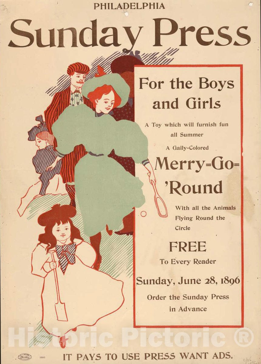 Vintage Poster -  for The Boys and Girls Merry - go - Round, Historic Wall Art