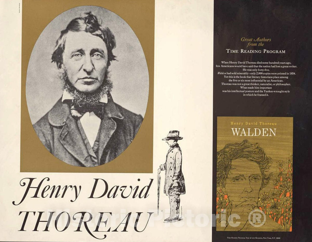 Vintage Poster -  Henry David Thoreau, Great Authors from The Time Reading Program., Historic Wall Art