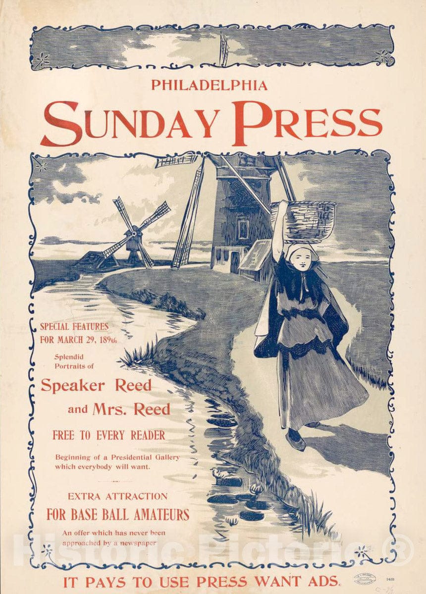 Vintage Poster -  Special Features for Sunday, March 29th, 1896., Historic Wall Art