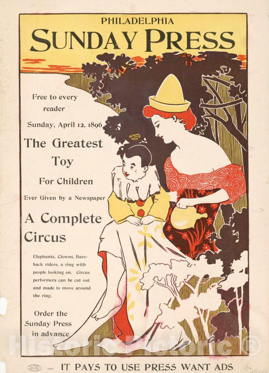 Vintage Poster -  Free to Every Reader, Sunday, April 12th, 1896: The Greatest Toy for Children Ever Given by a Newspaper -  a Complete Circus., Historic Wall Art