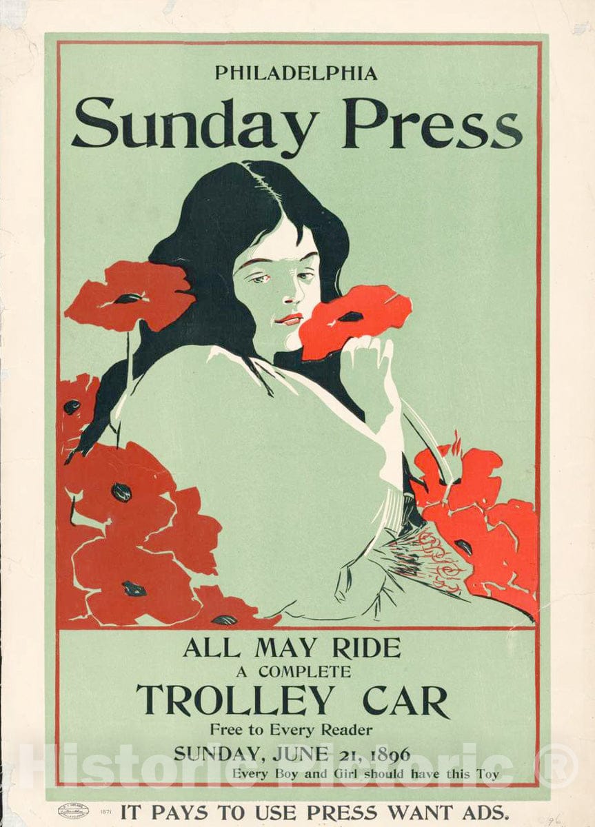 Vintage Poster -  All May Ride; a Complete Trolley car Free to Every Reader, Sunday, Jun. 21, 1896., Historic Wall Art