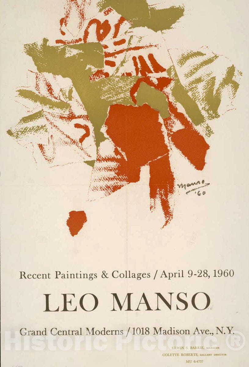 Vintage Poster -  Leo Manso, Recent Paintings & collages, April 9 - 28, 1960, Grand Central Moderns, 1018 Madison Ave, N.Y., Historic Wall Art