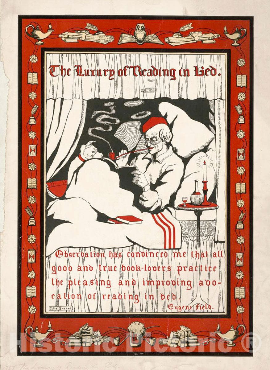 Vintage Poster -  The Luxury of Reading in Bed -  Julia Greene., Historic Wall Art