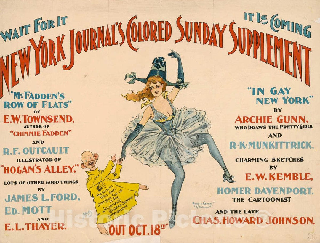 Vintage Poster -  New York Journal's Colored Sunday Supplement, Out Oct. 18th, Order in Advance -  Archie Gunn ; R.F. Outcault., Historic Wall Art