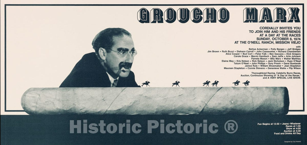 Vintage Poster -  Groucho Marx cordially invites You to Join him and his Friends at a Day at The Races Sunday, October 6, 1974, at The O'Neill Ranch, Mission Viejo - , Historic Wall Art