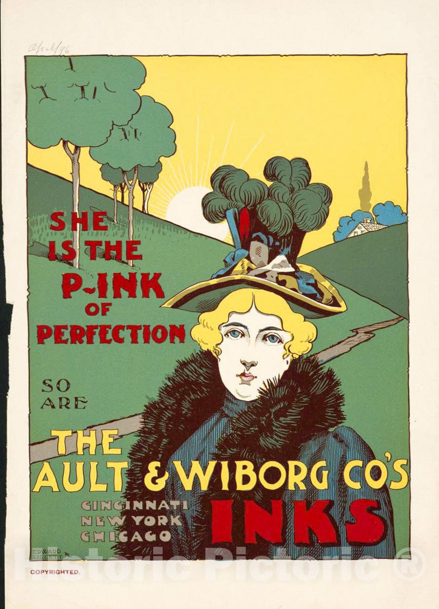 Vintage Poster -  She is The Pink of Perfection so are The Ault and Wiborg Co,'s Inks, Historic Wall Art