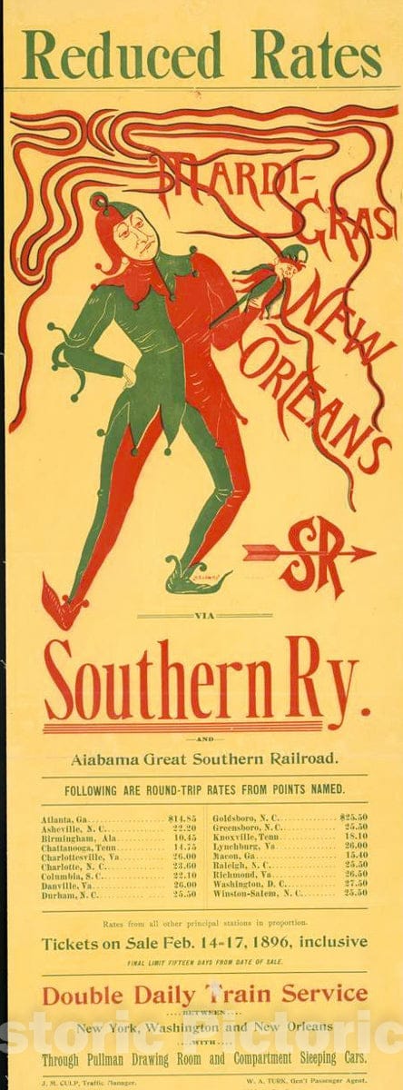 Vintage Poster -  Reduced Rates Mardi - Gras New Orleans via Southern Ry. and Alabama Great Southern Railroad, Historic Wall Art