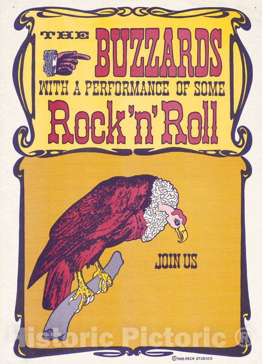 Vintage Poster -  The Buzzards with a Performance of Some Rock'n'roll Join us, Historic Wall Art