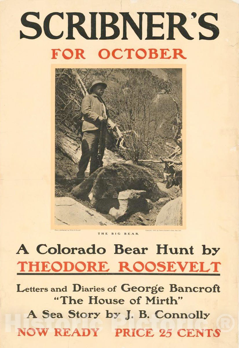 Vintage Poster -  Scribner's for October. A Colorado Bear Hunt by Theodore Roosevelt, Historic Wall Art