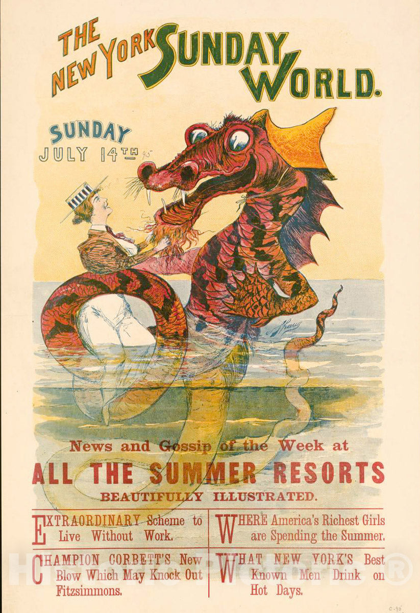 Vintage Poster -  The New York Sunday World, Sunday July 14th 95., Historic Wall Art