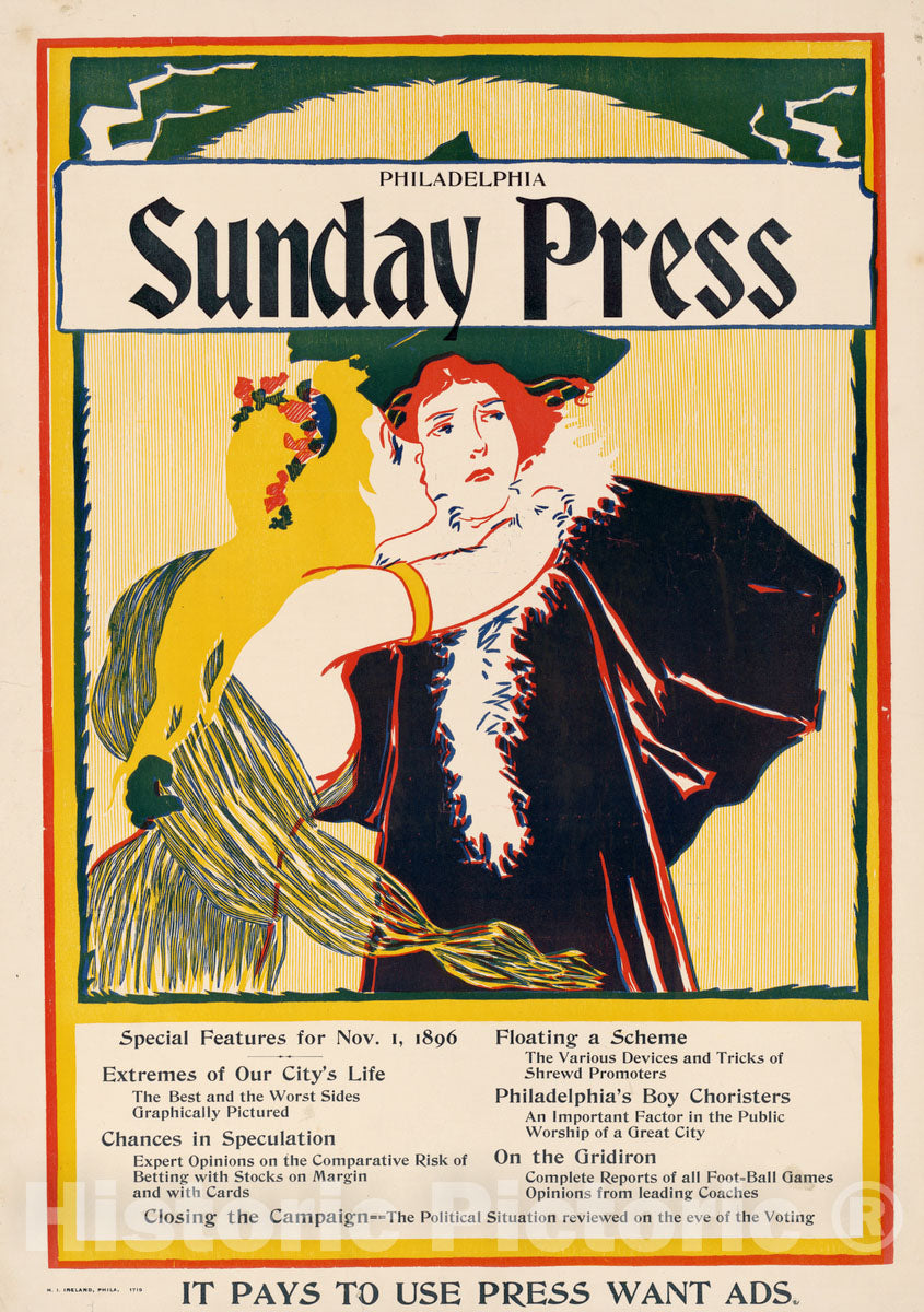 Vintage Poster -  Sunday Press. Special Features for Nov. 1, 1896, Historic Wall Art