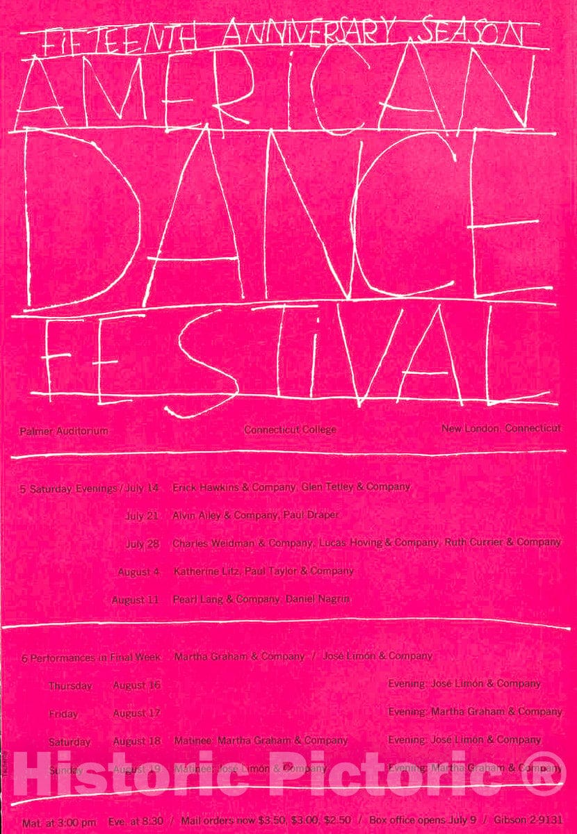 Vintage Poster -  Fifteenth Anniversary Season, American Dance Festival, Palmer Auditorium, Connecticut College, New London, Connecticut, Historic Wall Art