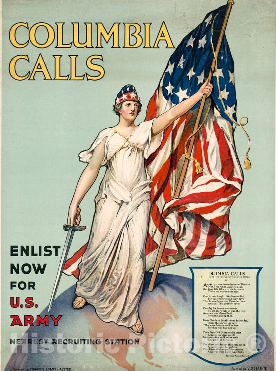 Vintage Poster -  Columbia Calls - Enlist Now for U.S. Army -  Designed by Frances Adams Halsted ; Painted by V. Aderente., Historic Wall Art