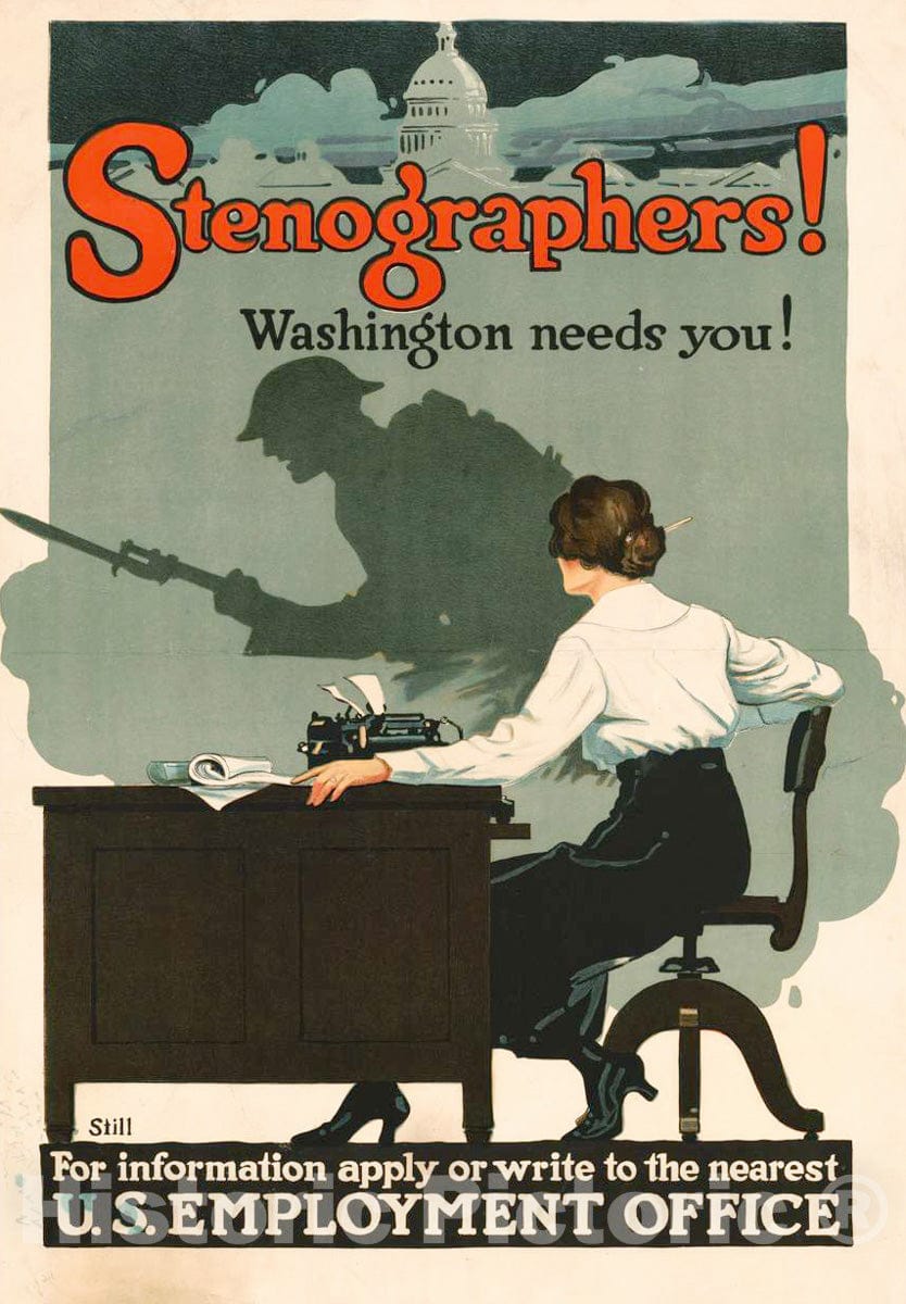 Vintage Poster - Stenographers! Washington Needs You! - Still., Historic Wall Art