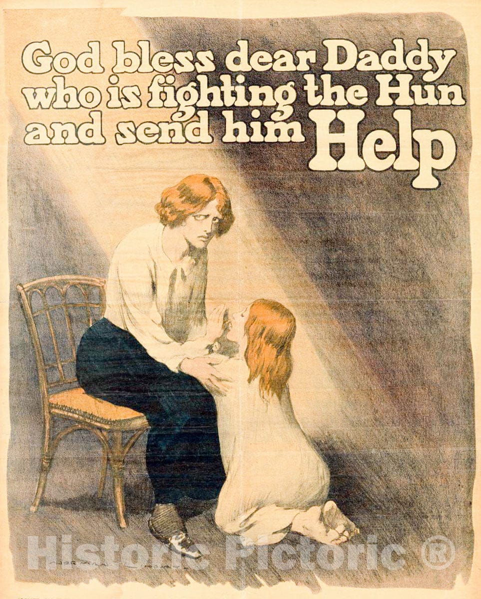 Vintage Poster -  God Bless Dear Daddy who is Fighting The Hun and Send him Help -  Norman Lindsay., Historic Wall Art