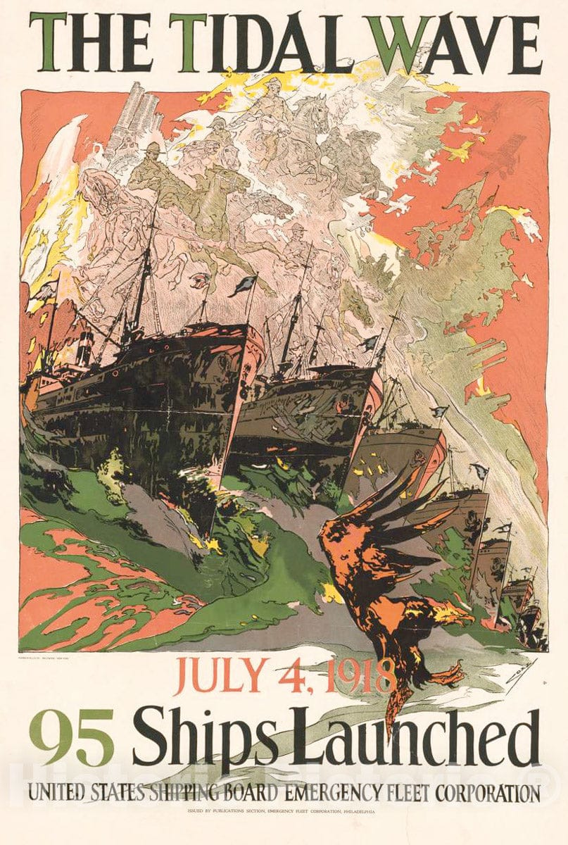 Vintage Poster -  The Tidal Wave - July 4, 1918 - 95 Ships launched United States Shipping Board Emergency Fleet Corporation - , Historic Wall Art