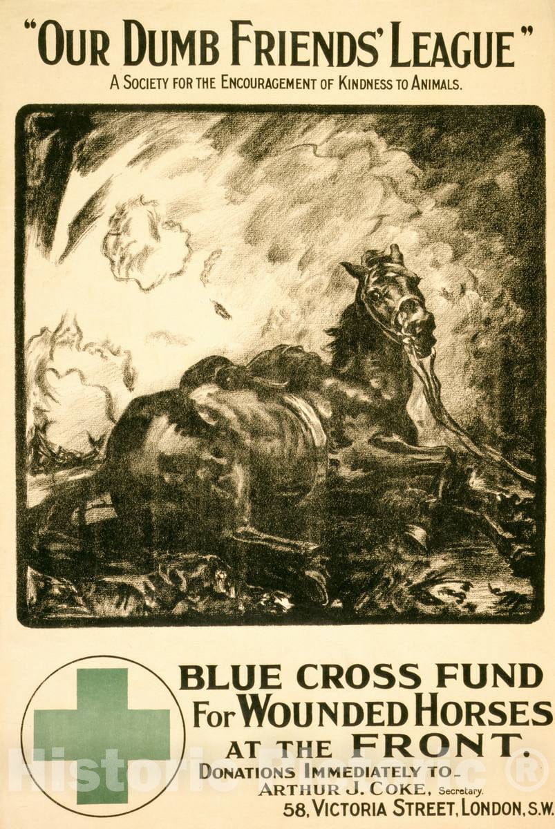 Vintage Poster - Our Dumb Friends' League. A Society for The Encouragement of Kindness to Animals. Blue Cross Fund for Wounded Horses at The Front, Historic Wall Art