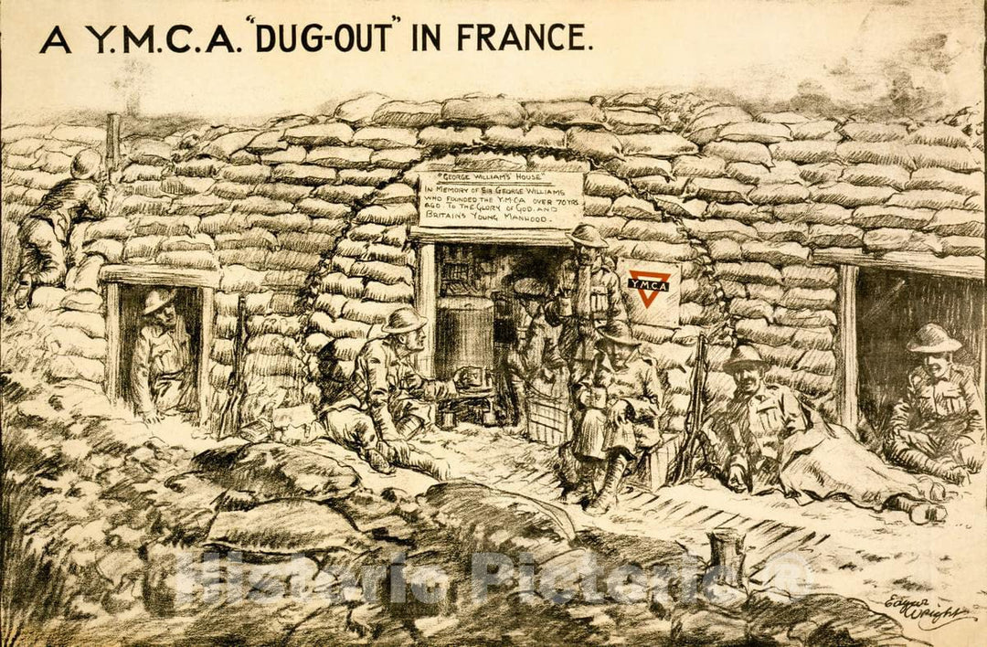 Vintage Poster -  A Y.M.C.A.dug - Out in France -  Edgar Wright., Historic Wall Art