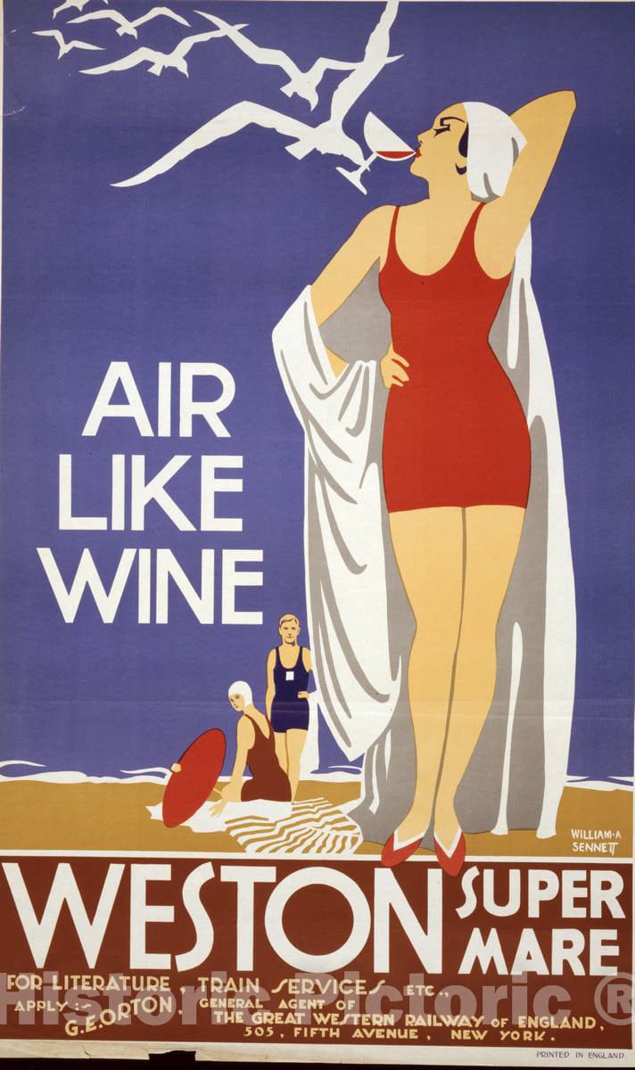 Vintage Poster -  Air Like Wine -  Weston Super mare -  William A. Sennett., Historic Wall Art