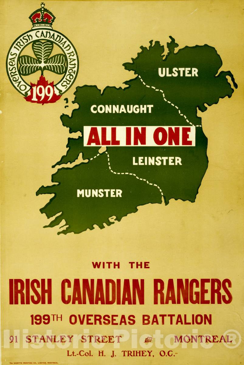 Vintage Poster - All in one with The Irish Canadian Rangers 199th Overseas Battalion, Historic Wall Art