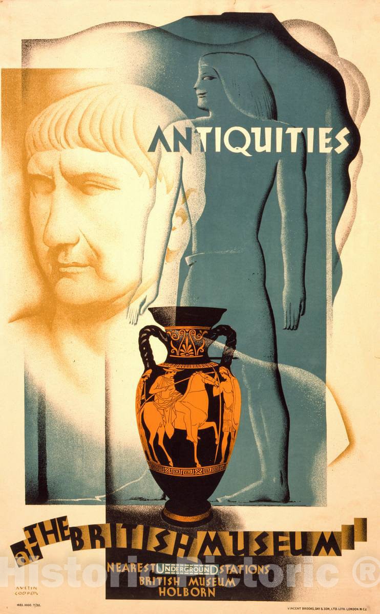 Vintage Poster -  Antiquities at The British Museum Nearest Underground Stations, British Museum, Holborn  -  Austin Cooper., Historic Wall Art