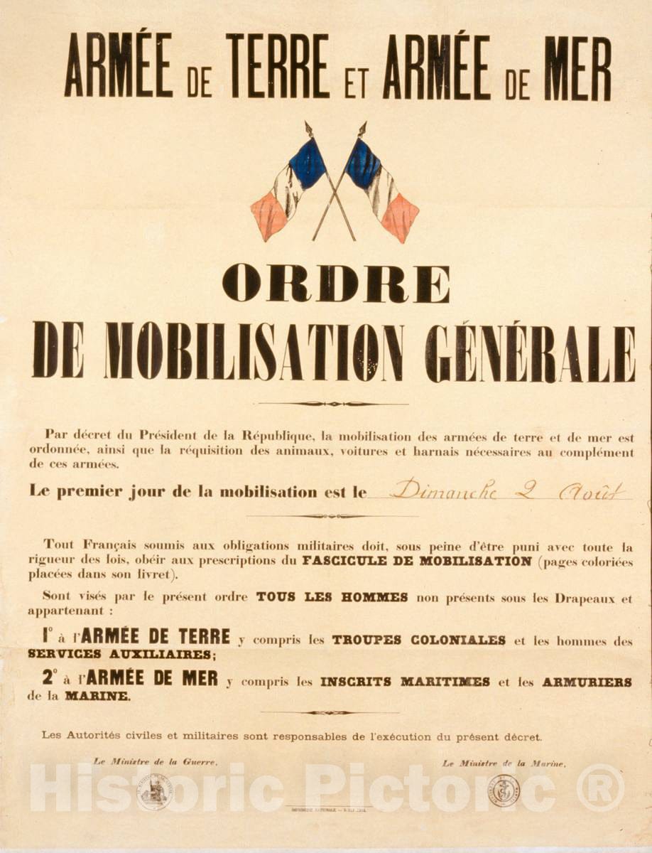 Vintage Poster -  ArmÃ©e de Terre et ArmÃ©e de Mer. Ordre de Mobilisation GÃ©nÃ©rale, Historic Wall Art