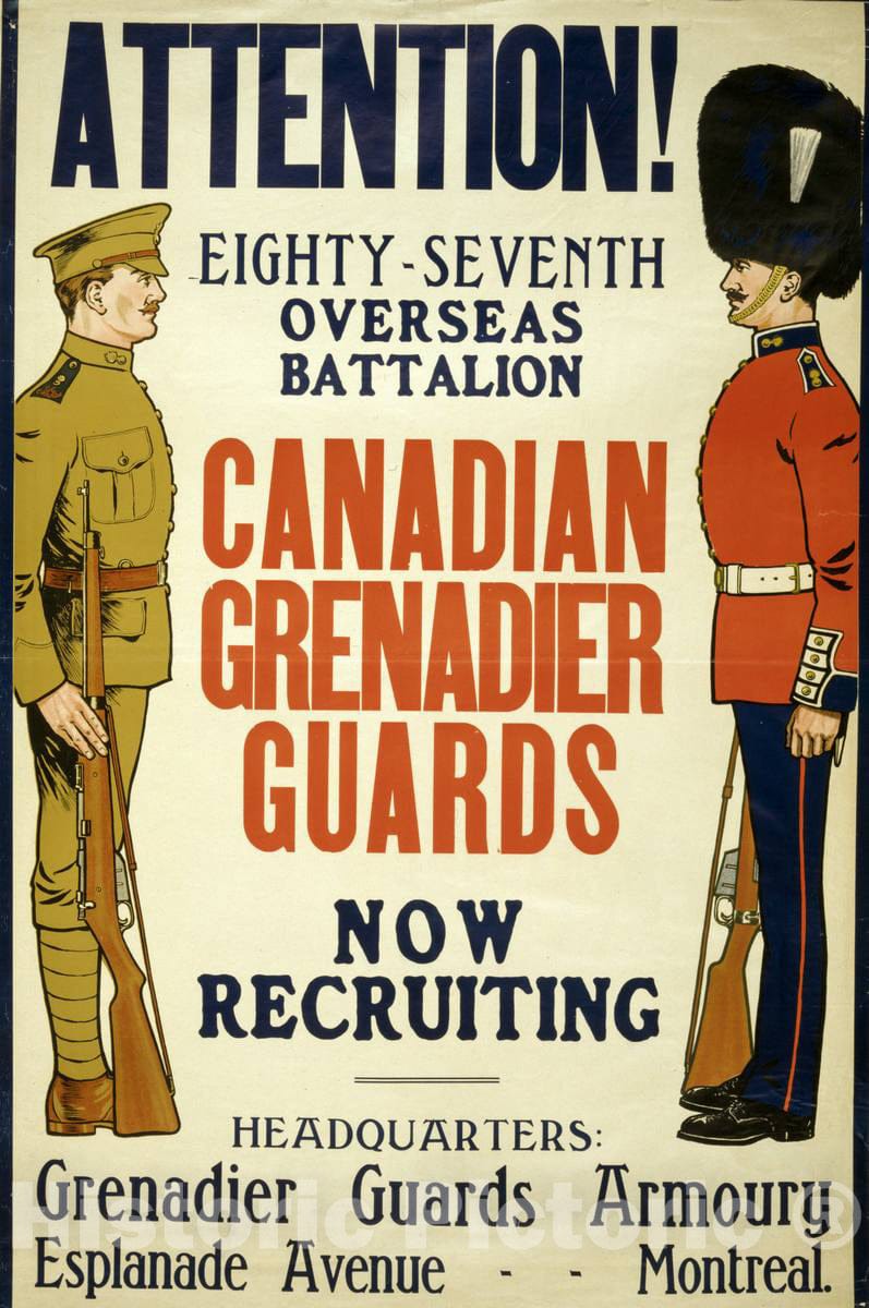 Vintage Poster -  Attention! Canadian Grenadier Guards Now Recruiting, Historic Wall Art