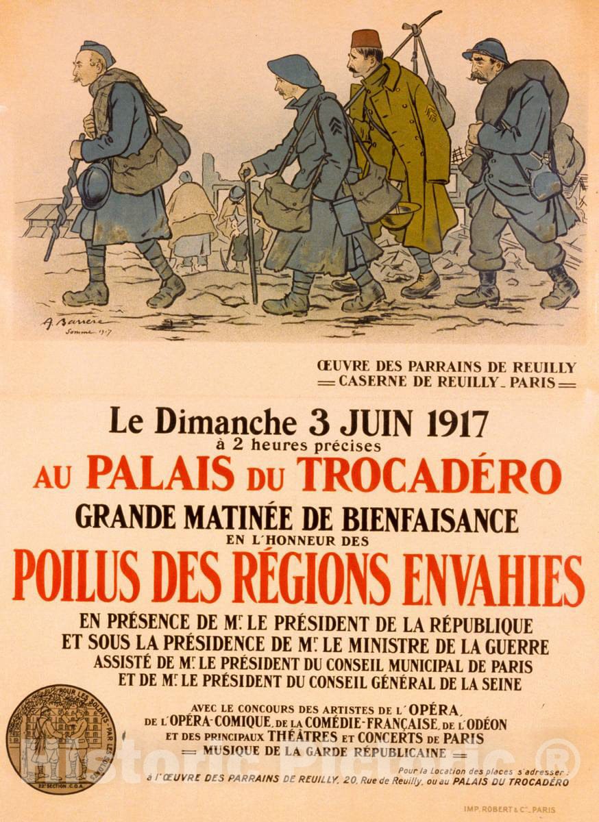 Vintage Poster -  Au Palais du TrocadÃ©ro. Grande matinÃ©e de bienfaisance en l'honneur des poilus des rÃ©gions enhavies, Historic Wall Art