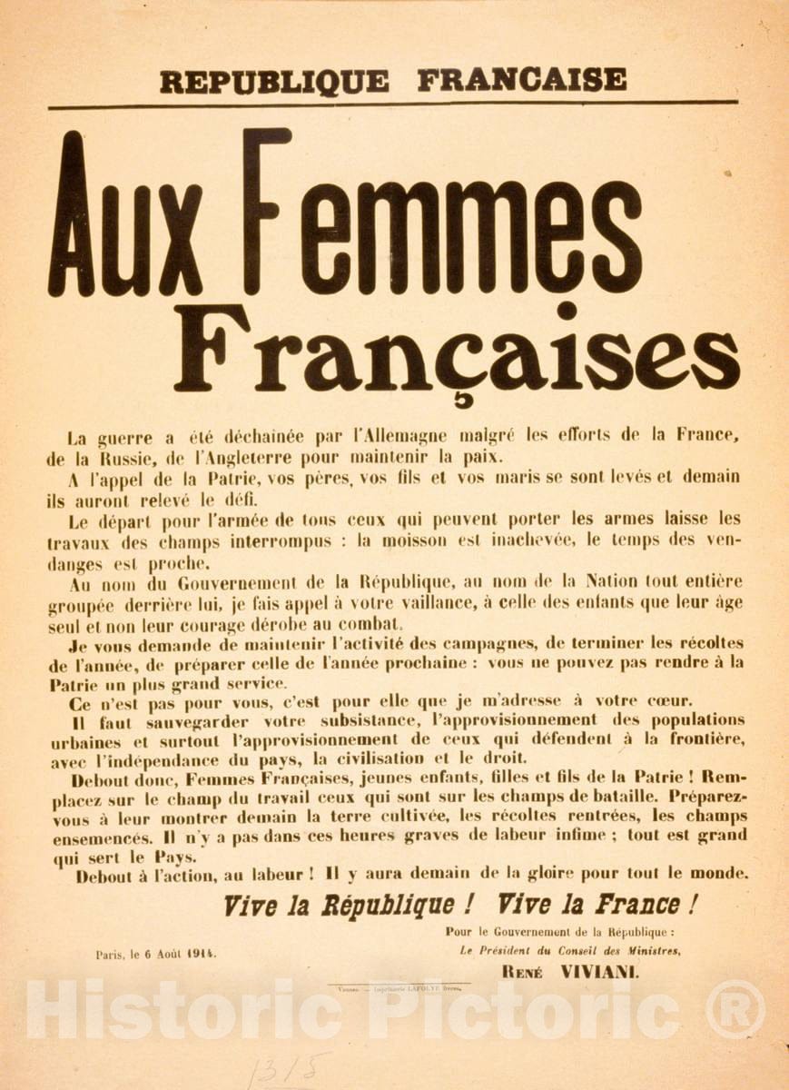 Vintage Poster -  Aux Femmes franÃ§aises. La Guerre a Ã©tÃ© dÃ©chaÃ®nÃ©e par l'Allemagne malgrÃ© les Efforts de la France, de la Russie, Historic Wall Art