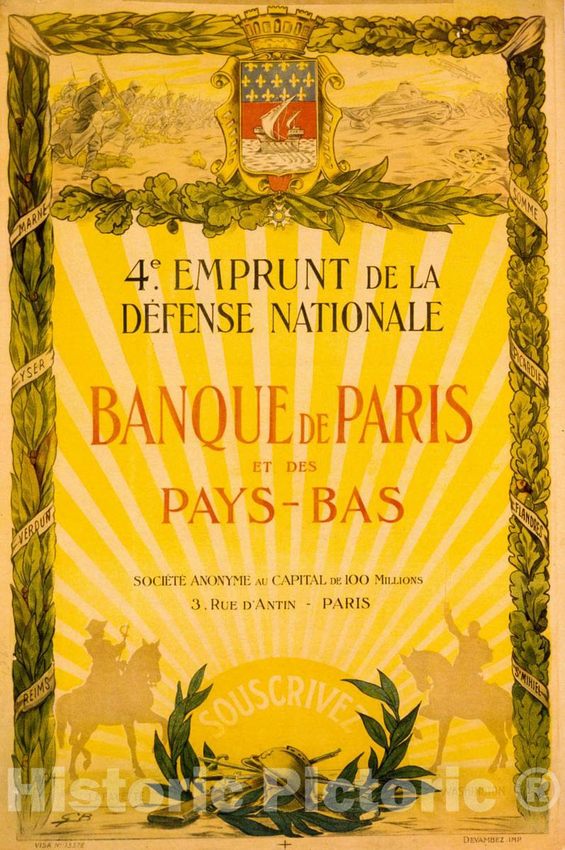 Vintage Poster -  Banque de Paris et des Pays - Bas -  4e Emprunt de la DÃ©fense Nationale, Historic Wall Art