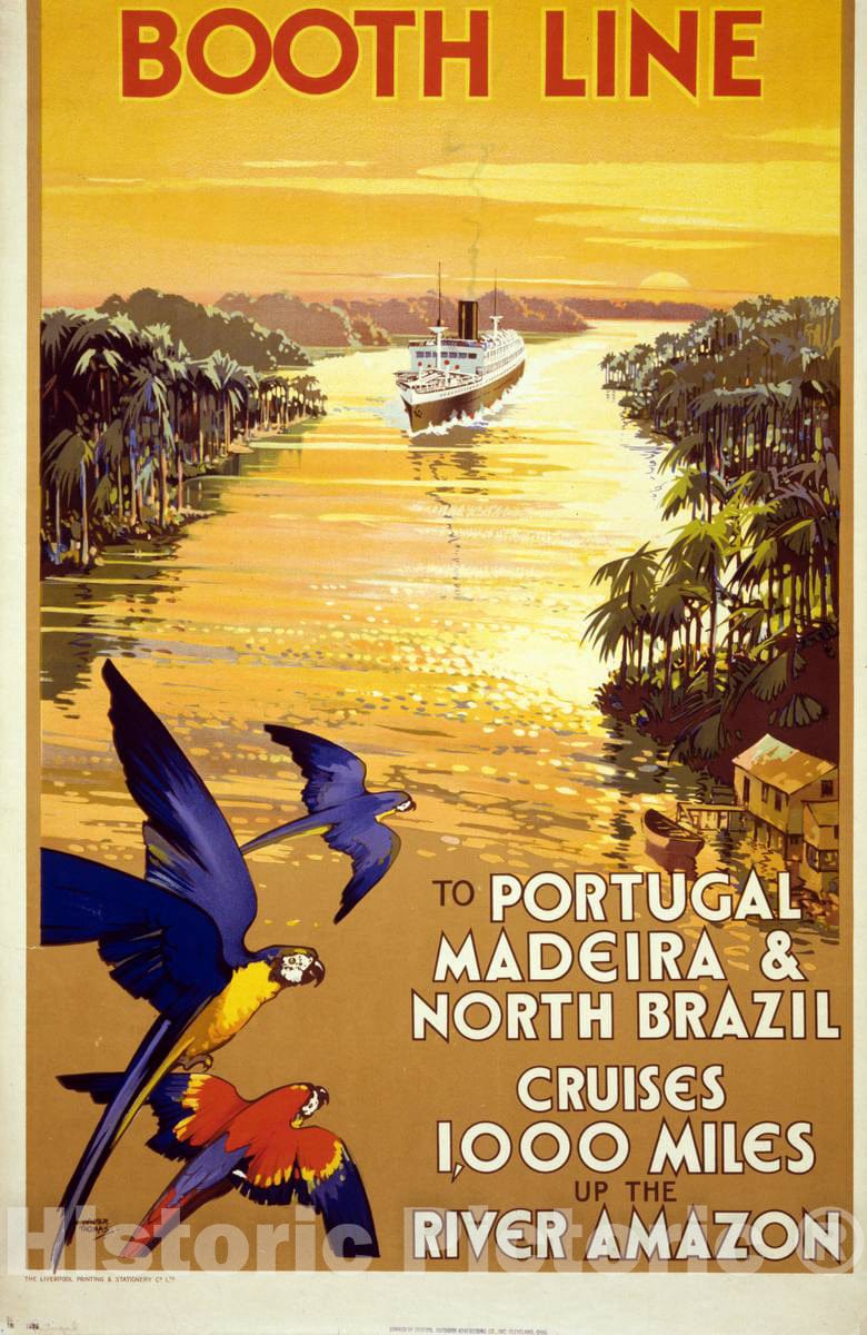 Vintage Poster -  Booth Line, to Portugal, Madeira & North Brazil -  Walter Thomas., Historic Wall Art