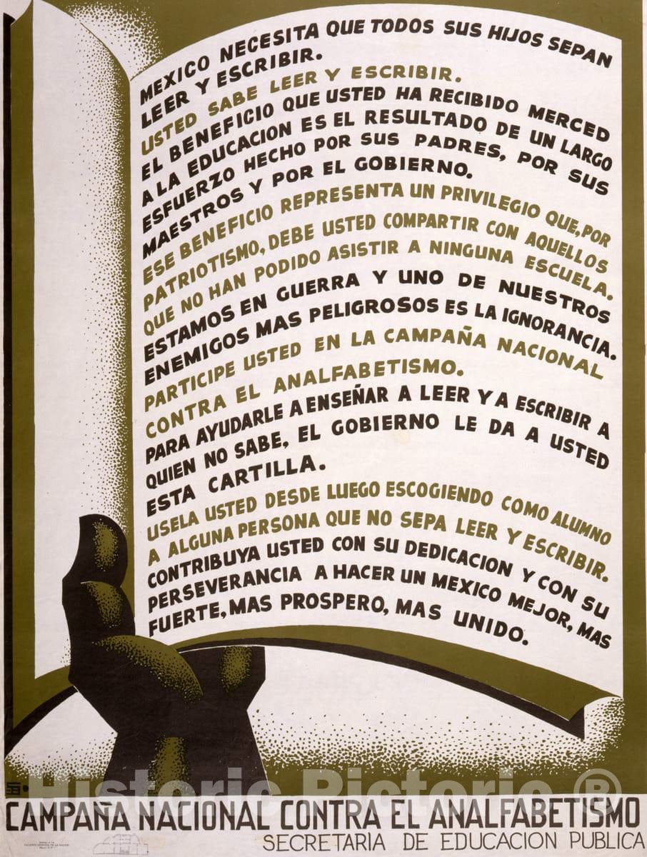 Vintage Poster -  CampaÃ±a Nacional Contra el analfabetismo, Historic Wall Art