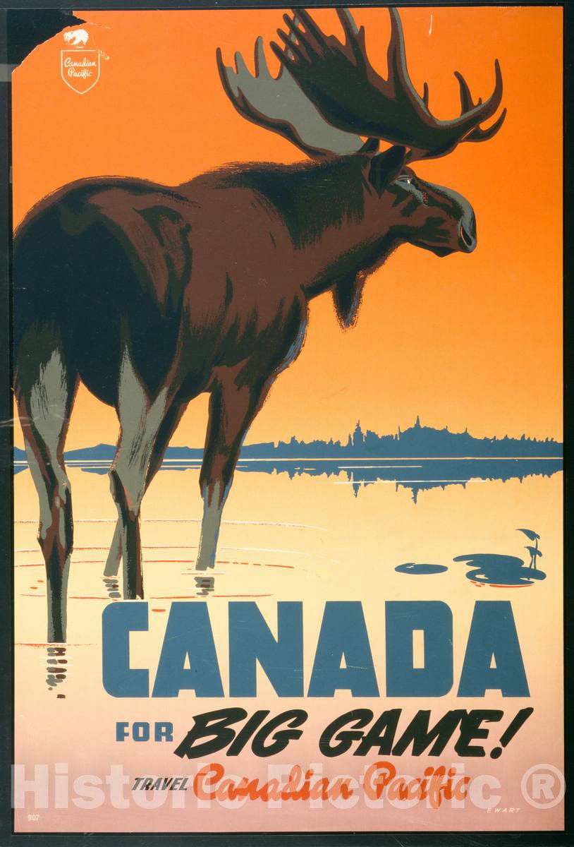 Vintage Poster -  Canada for Big Game! Travel Canadian Pacific -  Ewart., Historic Wall Art