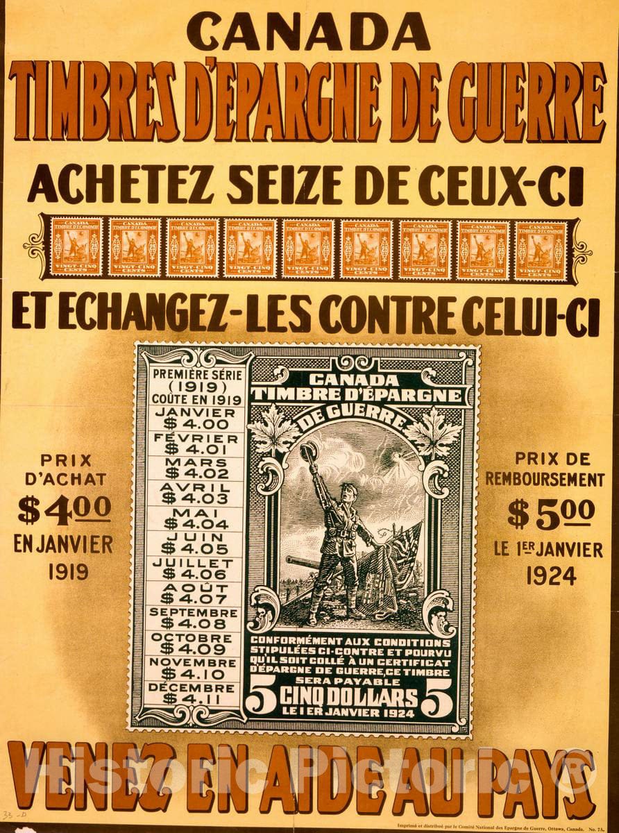 Vintage Poster -  Canada timbres d'epargne de Guerre. Venez en aide au Pays, Historic Wall Art