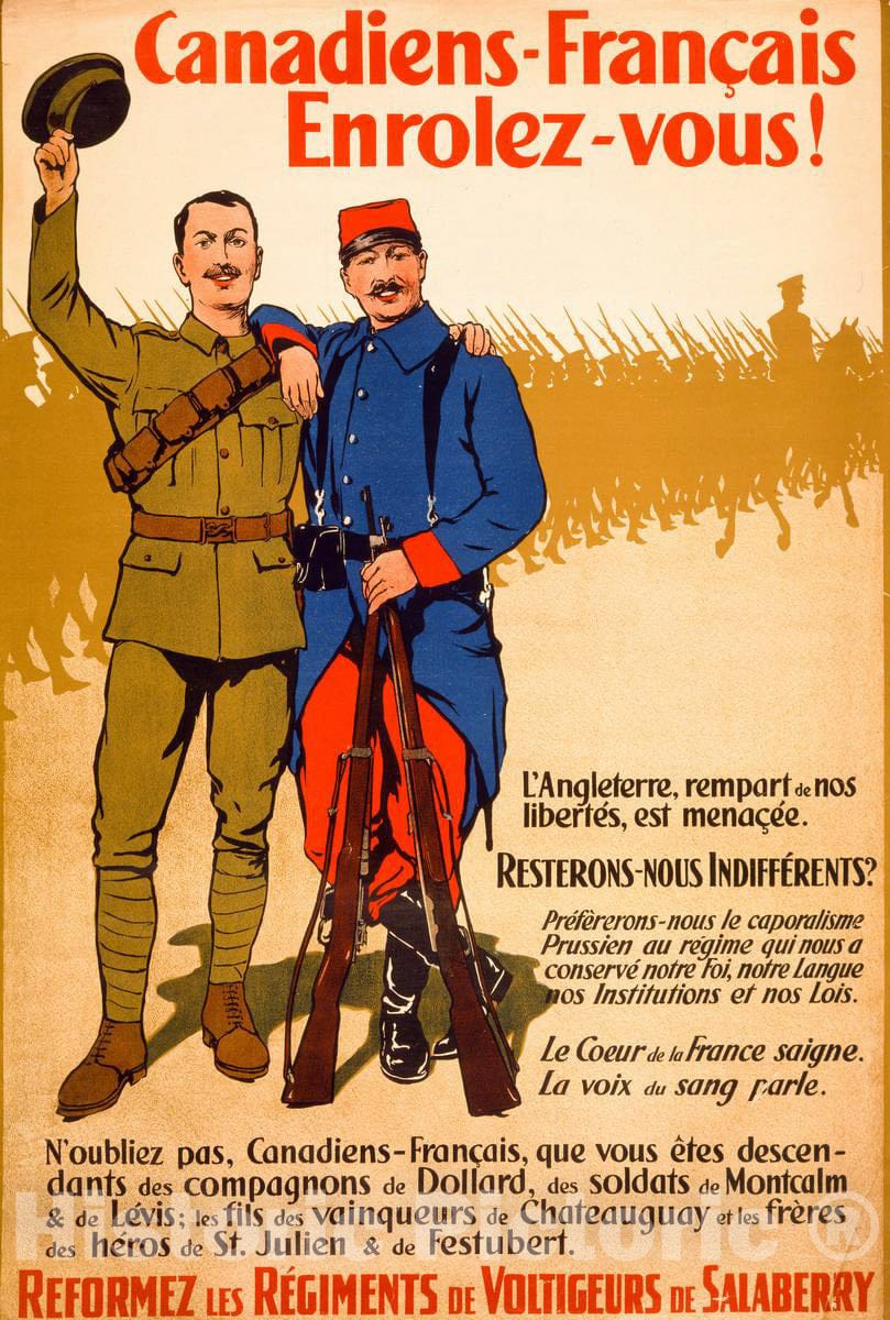 Vintage Poster -  Canadiens - FranÃ§ais enrolez - Vous! Reformez les rÃ©giments de voltigeurs de Salaberry -  A.H. Hider., Historic Wall Art