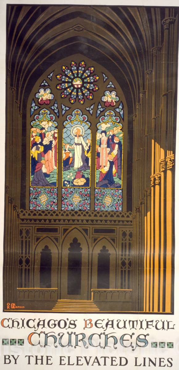 Vintage Poster -  Chicago's Beautiful Churches by The Elevated Lines -  O.R. Hanson., Historic Wall Art