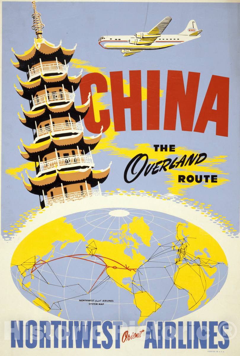 Vintage Poster -  China, The Overland Route. Northwest Orient Airlines, Historic Wall Art