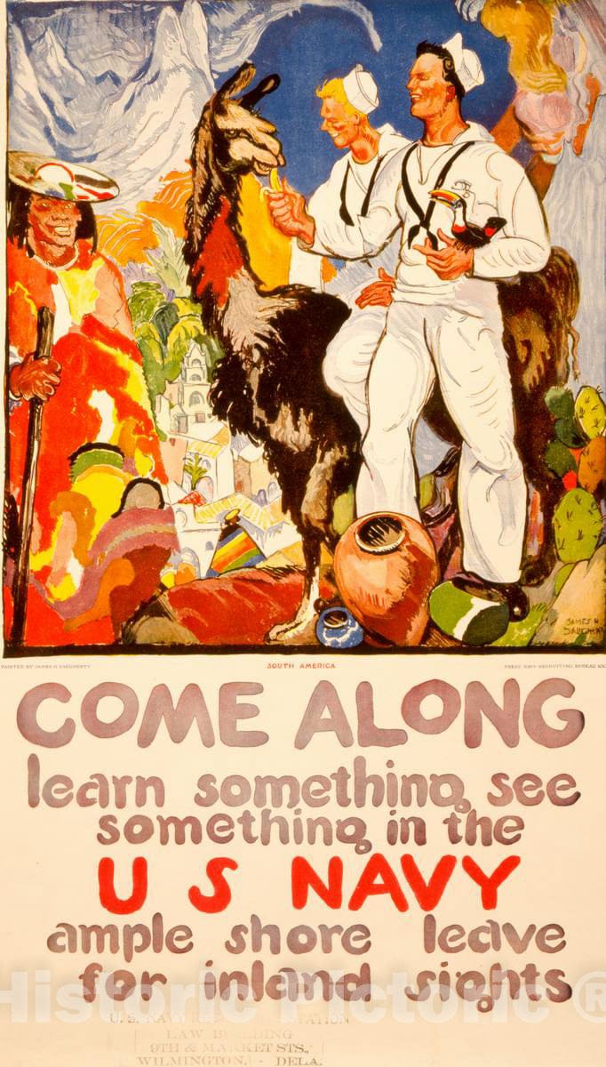 Vintage Poster -  Come Along -  Learn Something, See Something in The U.S. Navy Ample Shore Leave for Inland Sights  -  Painted by James H. Daugherty, Historic Wall Art