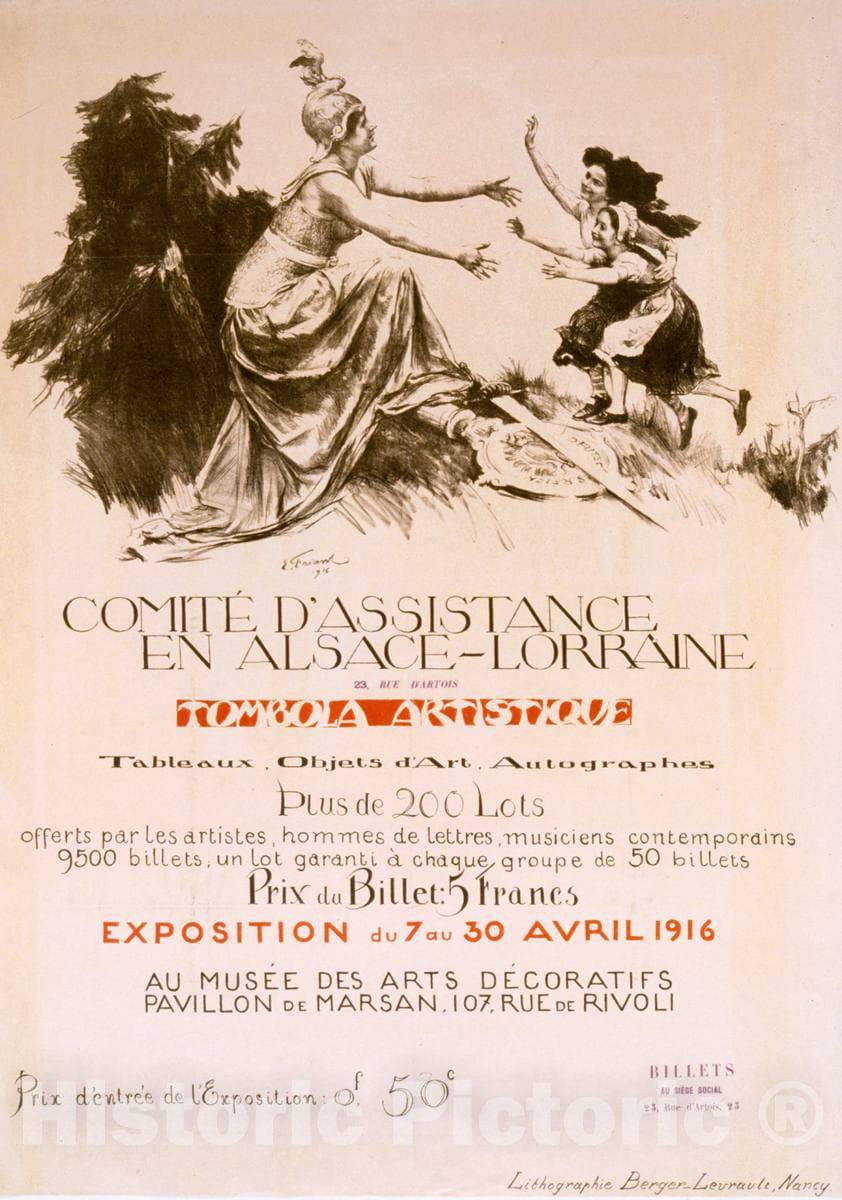 Vintage Poster - ComitÃ© d'assistance en Alsace - Lorraine. Tombola artistique. Exposition du 7 au 30 Avril 1916 au MusÃ©e des Arts DÃ©coratifs, Historic Wall Art