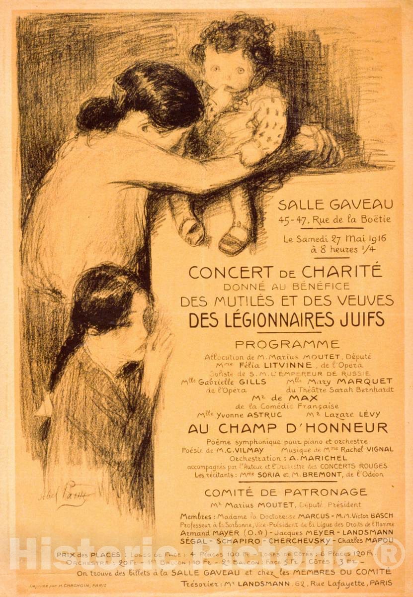 Vintage Poster -  Concert de charitÃ© donnÃ© au dÃ©bnÃ©fice des mutilÃ©s et des veuves des lÃ©gionnaires juifs, Historic Wall Art