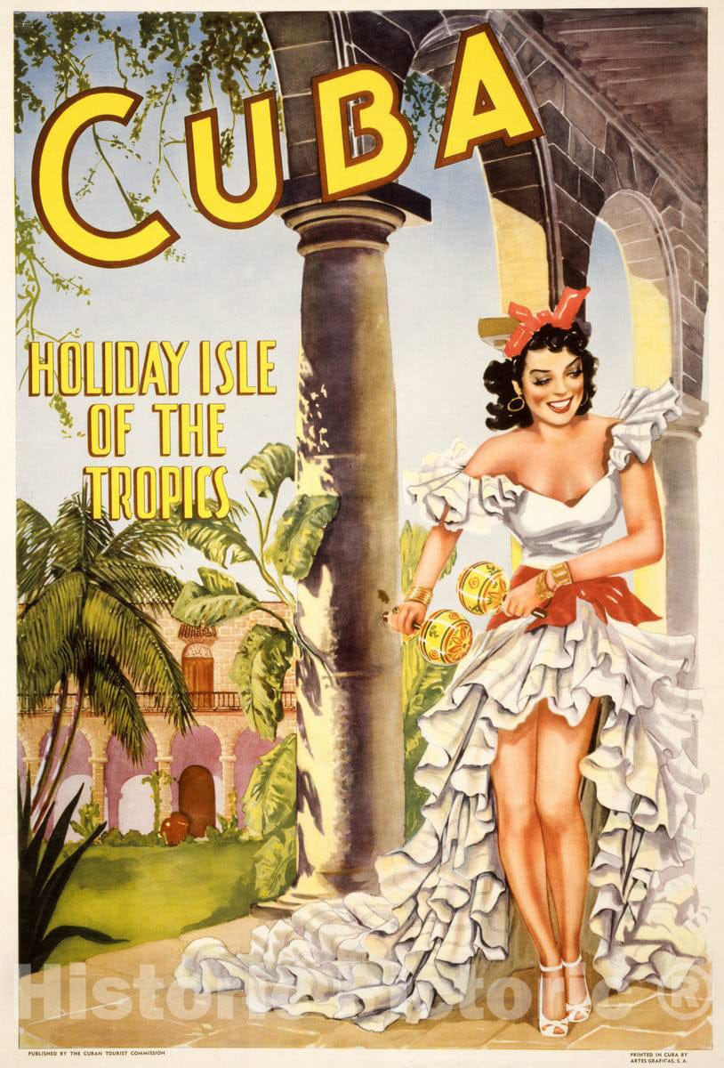 Vintage Poster -  Cuba, Holiday isle of The Tropics, Historic Wall Art