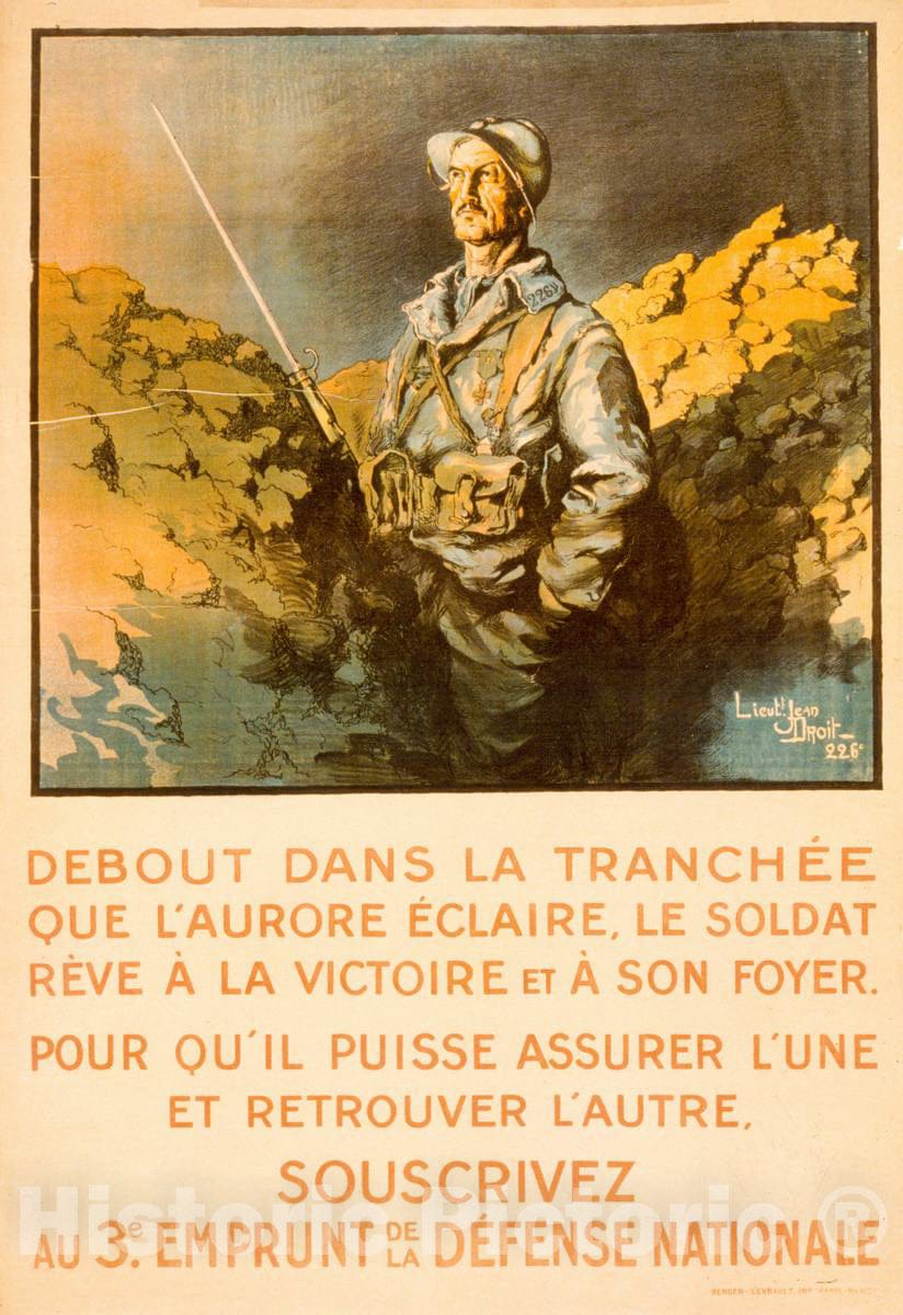 Vintage Poster -  Debout Dans la tranchÃ©e que l'aurore Ã©claire, le Soldat rÃ©ve Ã¡ la Victoire et Ã¡ Son Foyer. 2, Historic Wall Art